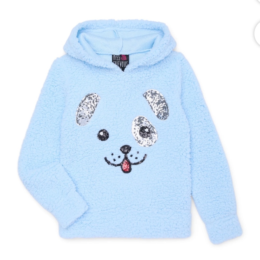 Miss Chievous Girls Blue Dog Sequin Plush Faux Sherpa Pullover Hoodie Large